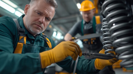 Fototapeta premium Precision engineering by mature male technician inspecting coil springs in industrial workshop setting