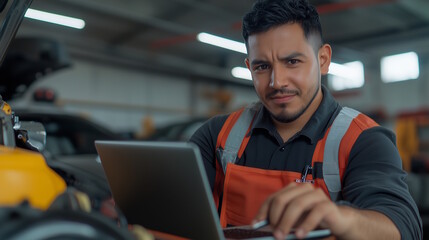 Skilled hispanic automotive technician analyzing data on laptop in car repair shop