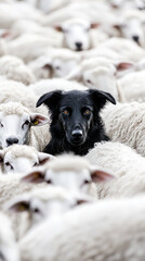 Naklejka premium Black dog amongst white sheep, close-up view, showcasing contrast and individuality, symbolizing standing out from the crowd or nonconformity