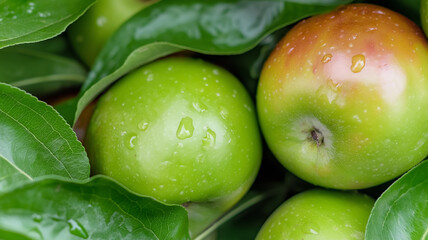 Obraz premium Close up of ripe green apples growing on a tree branch, covered with refreshing water drops, showcasing the beauty of nature's bounty