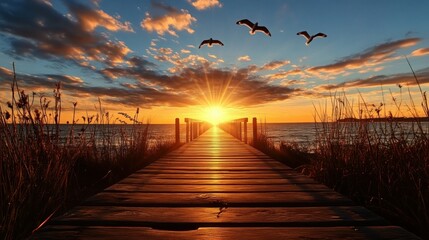 Wooden pier at sunset leading to golden sunrise over calm water