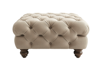 Elegant tufted ottoman in beige fabric with dark wooden legs suitable for living room decor