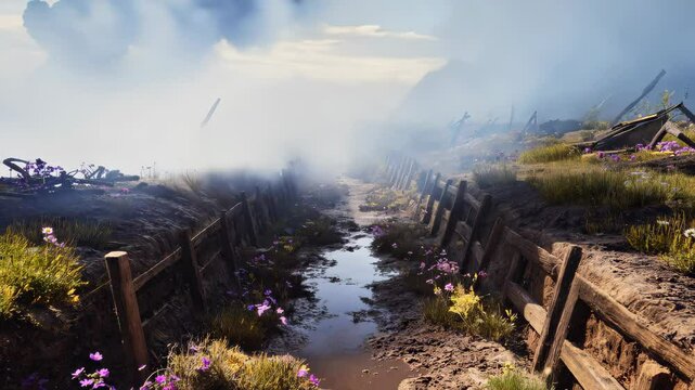 Vivid smoke and flowerfilled battlefield trench evoking war's peaceful paradox in 4k for dramatic visual storytelling