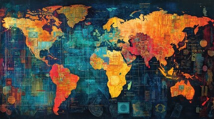 Obraz premium A vibrant, abstract world map featuring colorful continents, set against a textured background, illustrating global connectivity and diversity.