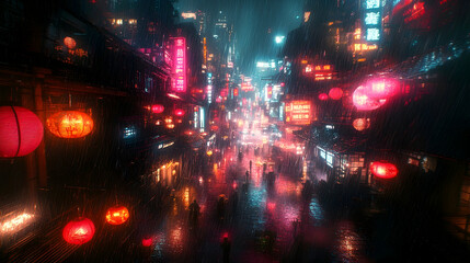 Rainy night, futuristic Asian city street