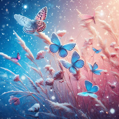 Beautiful butterflies in the snow on the wild grass on a blue and pink background. Snowfall Artistic winter christmas natural image. Winter and spring background.generative ai
