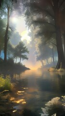 Serene Forest Stream - A peaceful stream flowing through a lush green forest, capturing the tranquil beauty of nature with soft sunlight filtering through the trees.