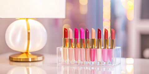 A table with a lamp and a row of lipstick tubes. The tubes are arranged in a row and are of different colors