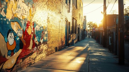 Fototapeta premium Colorful graffiti adorns a brick wall beside a city sidewalk, showcasing urban art and creativity.