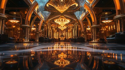 Obraz premium Luxurious hotel lobby with grand chandeliers, ornate architecture, and reflective floor.