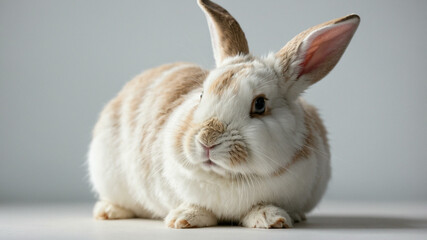 Obraz premium A soft, white rabbit with floppy ears, sitting and sniffing on white background.