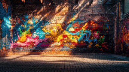 Obraz premium Colorful graffiti adorns a brick wall inside a building featuring a matching brick floor.