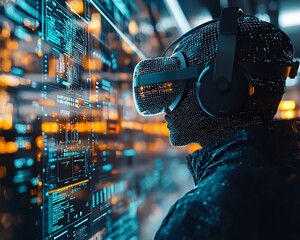 Person wearing VR headset, exploring futuristic digital interface.