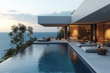 Obraz premium Photographie immobilière d’une terrasse de maison de vacances moderne luxueuse avec piscine à débordement et vue sur la mer. rendu 3D, HDR, idées déco et aménagement tendance.