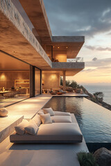 Obraz premium Photographie immobilière d’une terrasse de maison de vacances moderne luxueuse avec piscine à débordement et vue sur la mer. rendu 3D, HDR, idées déco et aménagement tendance.