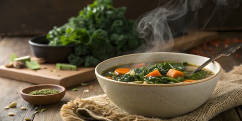 Warm detox soup with fresh veggies, ideal for post-winner rejuvenation and healthy digestion, with copy space