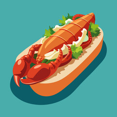 Vibrant illustration of a lobster dish with fresh greens on a teal background