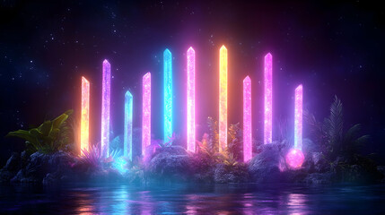 Crystals glow on island shore; stars, water, foliage, neon lights background