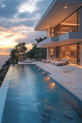 Fototapeta premium Photographie immobilière d’une terrasse de maison de vacances moderne luxueuse avec piscine à débordement et vue sur la mer. rendu 3D, HDR, idées déco et aménagement tendance.