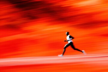 Blurry image of a man sprinting on a track against a vibrant red backdrop.