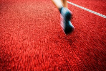 Blurry image of a person sprinting on a vibrant red athletic track.