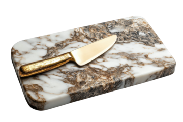 Elegant marble cutting board with a gold-handled knife on a polished surface showcasing refined culinary tools