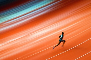 Blurry photo of a man sprinting across a tennis court during a match or practice session. - obrazy, fototapety, plakaty
