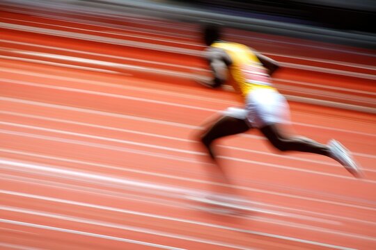 Blurry image of a man running on a track with an indistinct background.