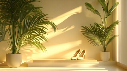 Fototapeta premium The shoe rack under soft light harmoniously complements the wall