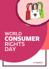 World Consumer Rights Day. Poster template design with typographic text and bag illustration for annual March 15