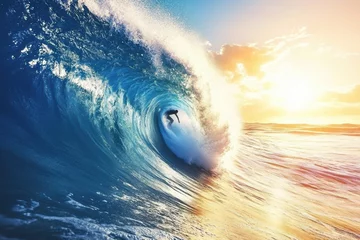 Surfer skillfully rides a wave during a vibrant sunset over the ocean.