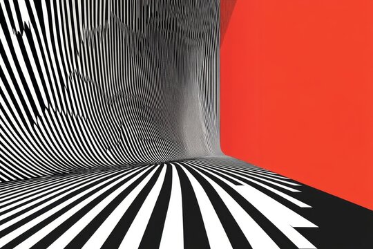Abstract tunnel with black and white stripes, red accent
