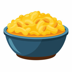 Creamy macaroni and cheese in a blue bowl on a white background