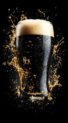 Dark brew splashing out of glass on a black background with cool foam