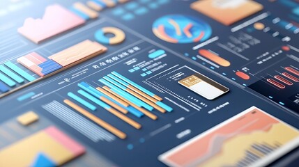 Financial report concept 3D illustration. Icon composition with dashboard with data charts, graphs, diagrams and credit card. Business analytics, accounting. Vector illustration for modern web design