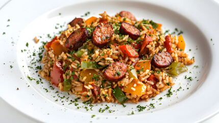 Simple Yet Elegant Serving of Flavorful Rice Dish with Vegetables and Sausage Garnished with Herbs