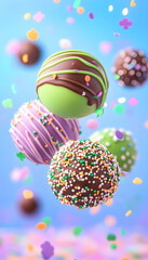 Decorated cake pops float amid colorful confetti; vibrant blue background