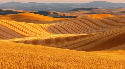 Fototapeta premium Aerial view of a golden wheat field with rolling hills in the background.