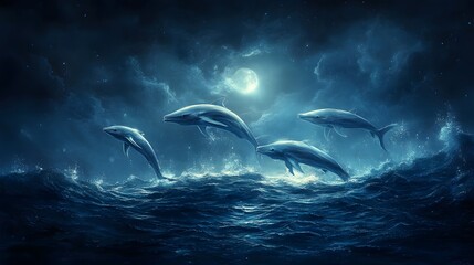 Fototapeta premium Silver fish schools under the moonlight