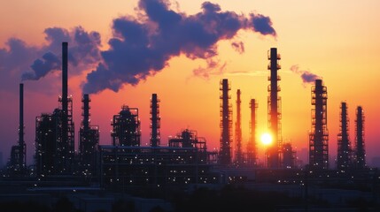 Arafed factory with smoke stacks silhouetted against a vibrant setting sun.