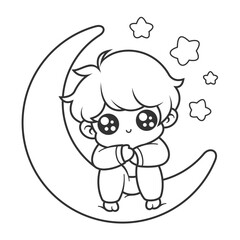 Boy sitting on the moon, for coloring