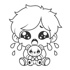 Boy is crying with doll, for coloring