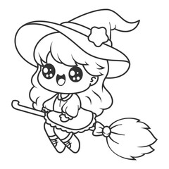 Little girl riding a broomstick, for coloring