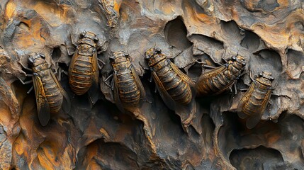 Cicadas clinging to textured rock surface