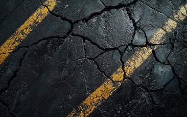 Cracked Asphalt with Yellow Lines