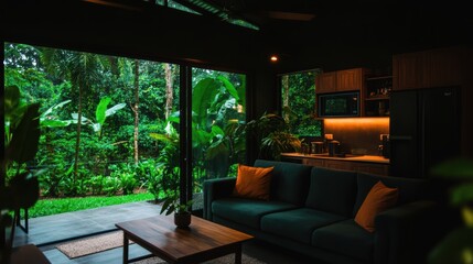 Fototapeta premium Aerial view of a cozy living room featuring a couch and a table.