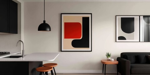 A room features a black couch alongside a black chair, creating a modern seating arrangement.