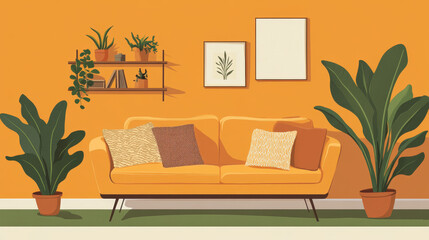  "Modern Comfort: Stylish Sofa, Pillow, and Decorative Shelving by Orange Wall"

