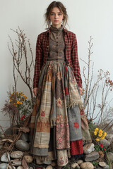 Obraz premium Young woman in a beautiful patchwork dress and plaid jacket posing in a studio setting with flowers and rocks.