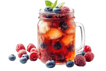 Refreshing summer drink with mixed berries served in a glass jar with mint sprig